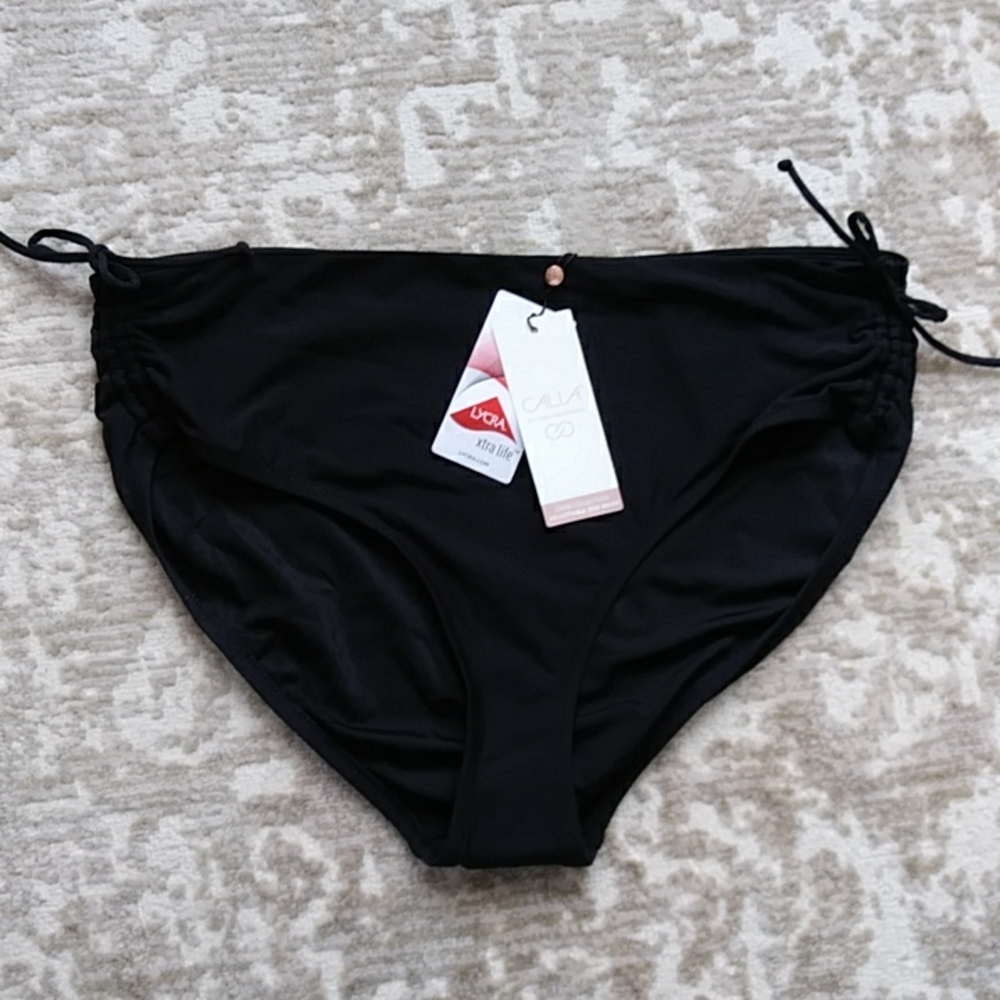 NEW Calia Adjustable Rise Side Ruched Bottom Bikini Swim Collection Large Black